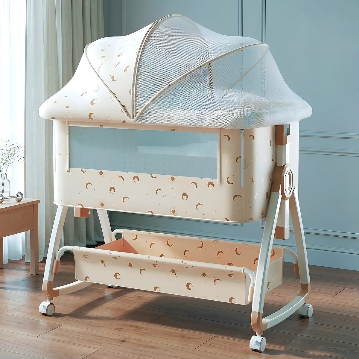 CAREIT 6-in-1 Baby Cot Bed with Mosquito Net, Rocking Cradle, Storage Basket & Adjustable Height - Half Moon Pattern