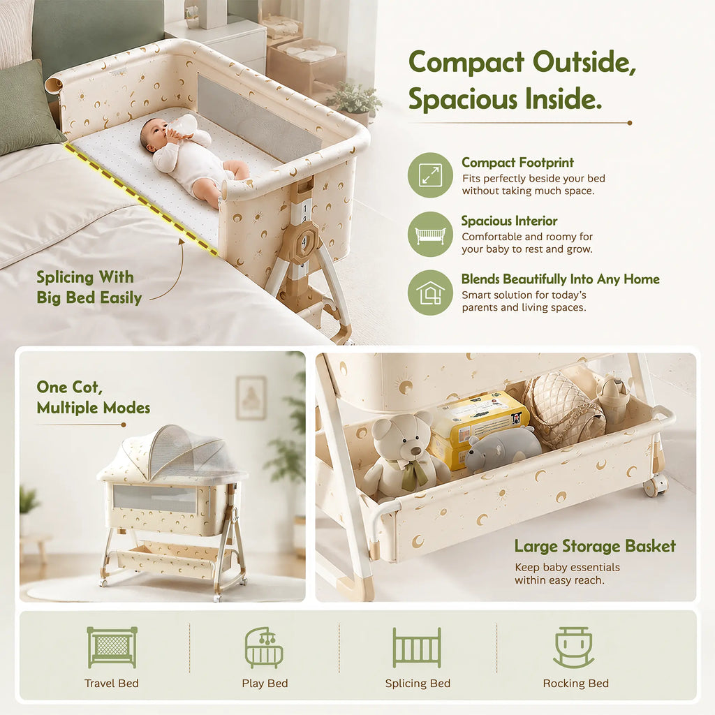 CAREIT 6-in-1 Baby Cot Bed with Mosquito Net, Rocking Cradle, Storage Basket & Adjustable Height - Half Moon Pattern