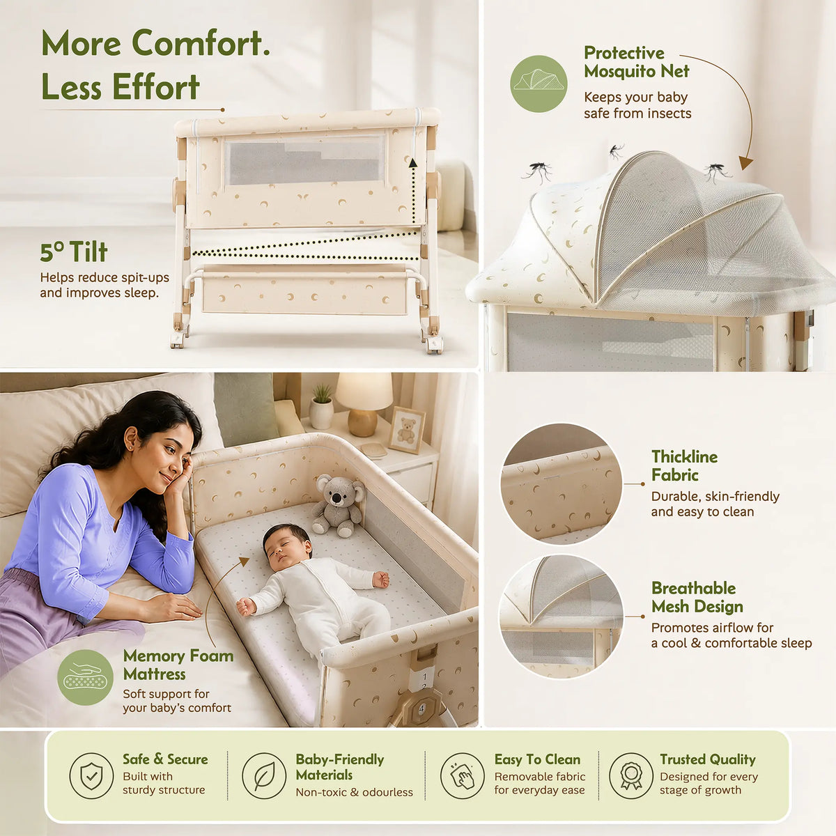 CAREIT 6-in-1 Baby Cot Bed with Mosquito Net, Rocking Cradle, Storage Basket & Adjustable Height - Half Moon Pattern