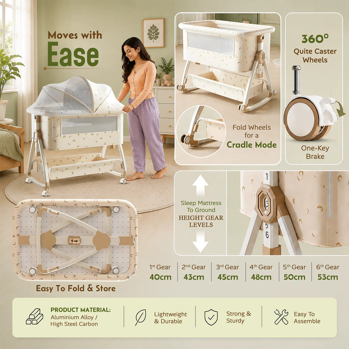 CAREIT 6-in-1 Baby Cot Bed with Mosquito Net, Rocking Cradle, Storage Basket & Adjustable Height - Half Moon Pattern