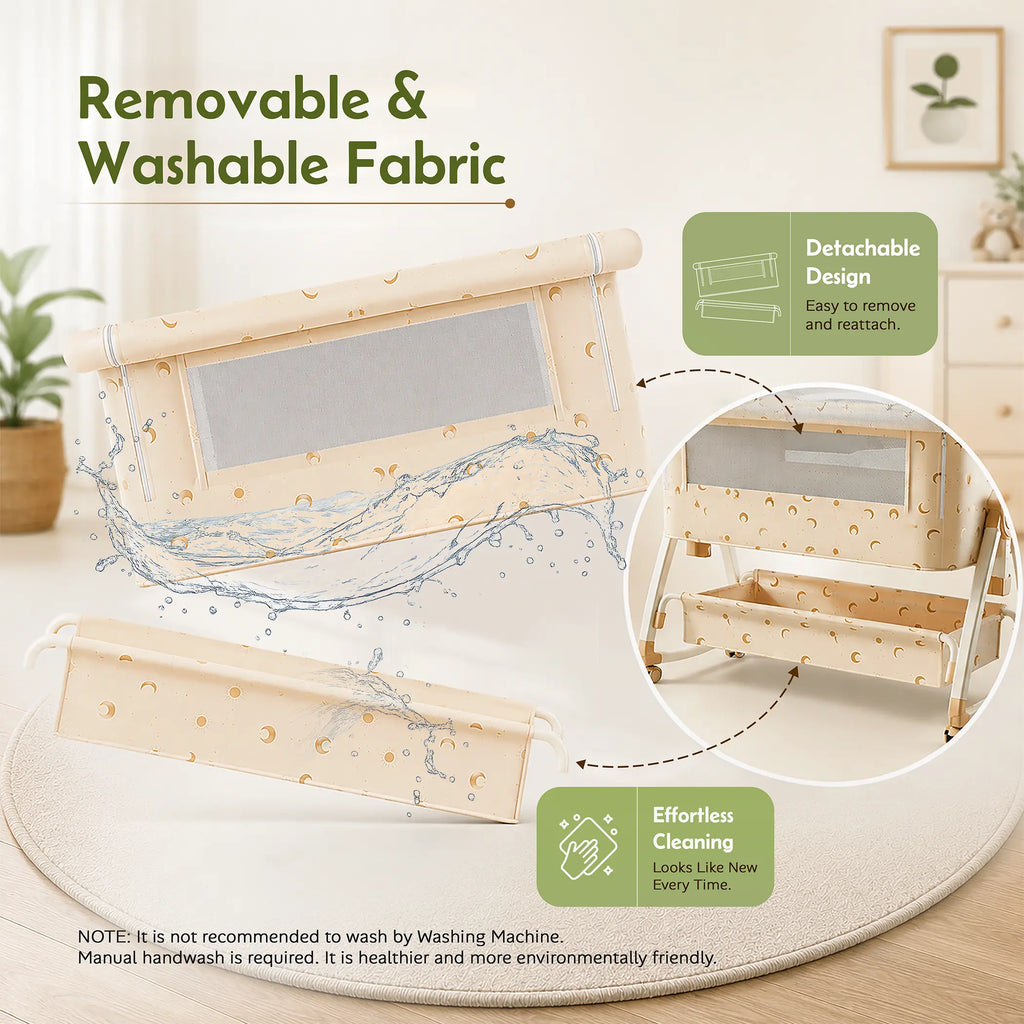 CAREIT 6-in-1 Baby Cot Bed with Mosquito Net, Rocking Cradle, Storage Basket & Adjustable Height - Half Moon Pattern
