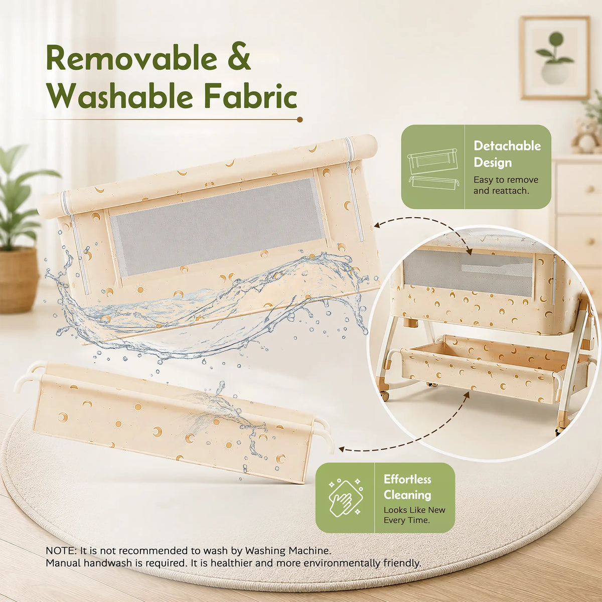 CAREIT 6-in-1 Baby Cot Bed with Mosquito Net, Rocking Cradle, Storage Basket & Adjustable Height - Half Moon Pattern