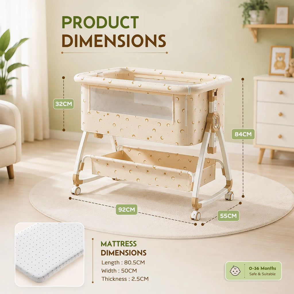 CAREIT 6-in-1 Baby Cot Bed with Mosquito Net, Rocking Cradle, Storage Basket & Adjustable Height - Half Moon Pattern