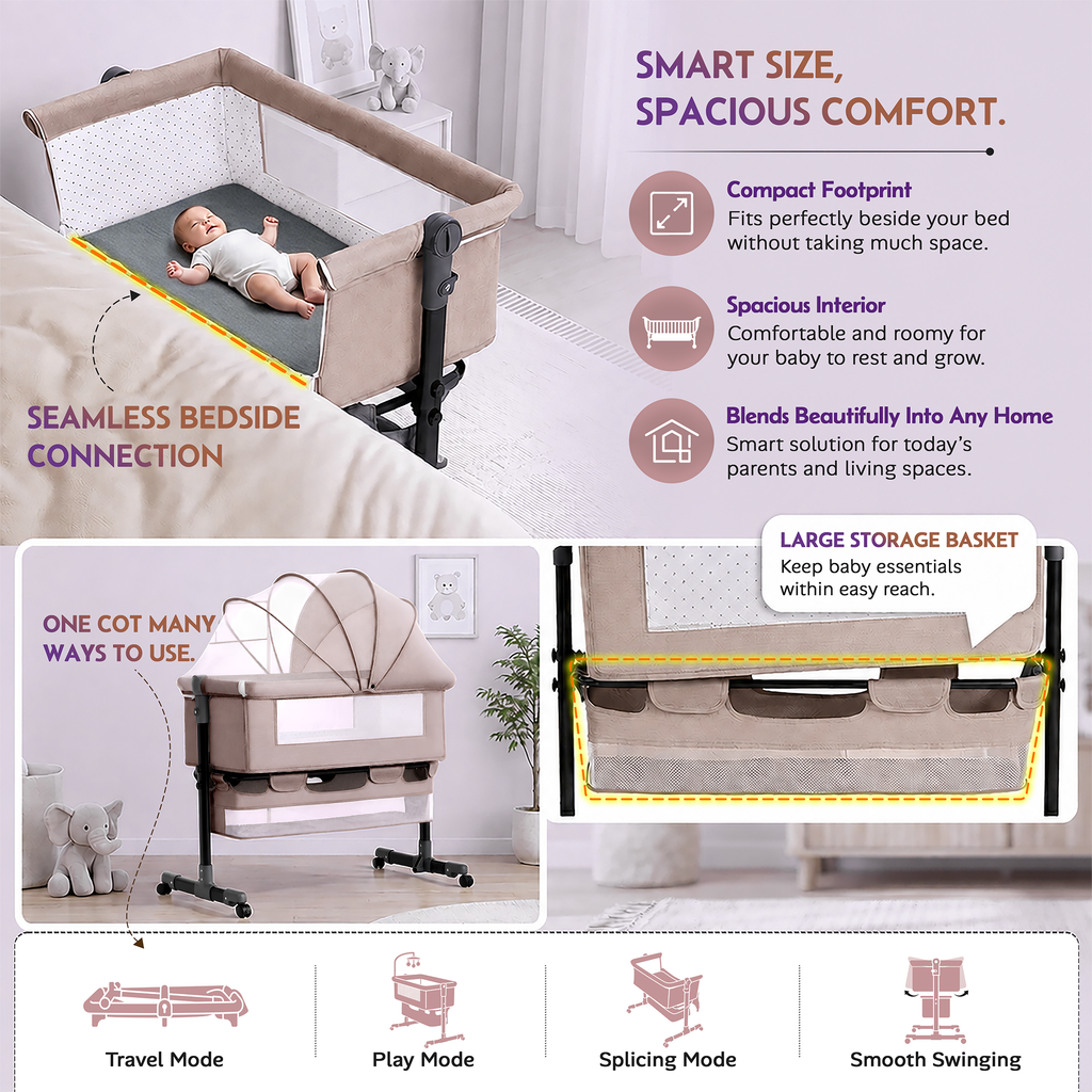 CareIt T-Shape Base Baby Cot & Bedside Bassinet with Memory Foam Mattress –  (Beige)