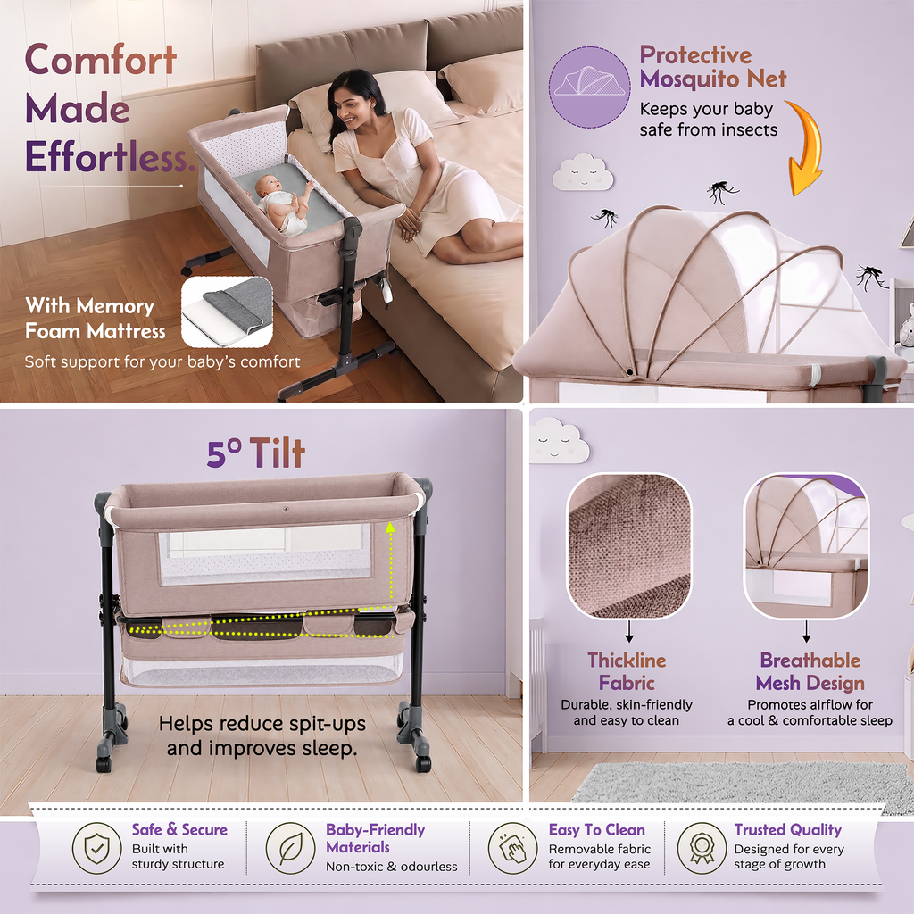 CareIt T-Shape Base Baby Cot & Bedside Bassinet with Memory Foam Mattress –  (Beige)