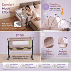 CareIt T-Shape Base Baby Cot & Bedside Bassinet with Memory Foam Mattress –  (Beige)