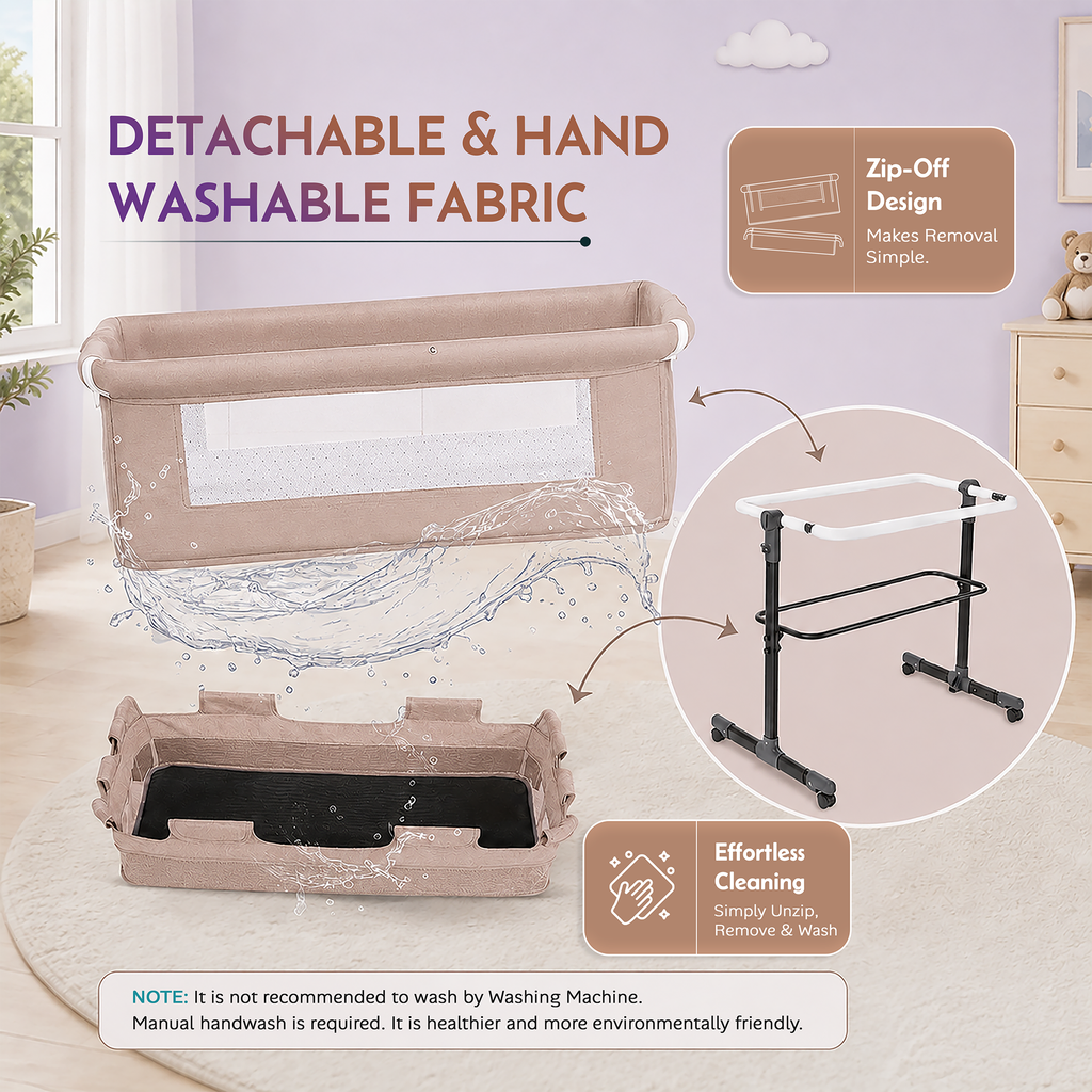 CareIt T-Shape Base Baby Cot & Bedside Bassinet with Memory Foam Mattress –  (Beige)