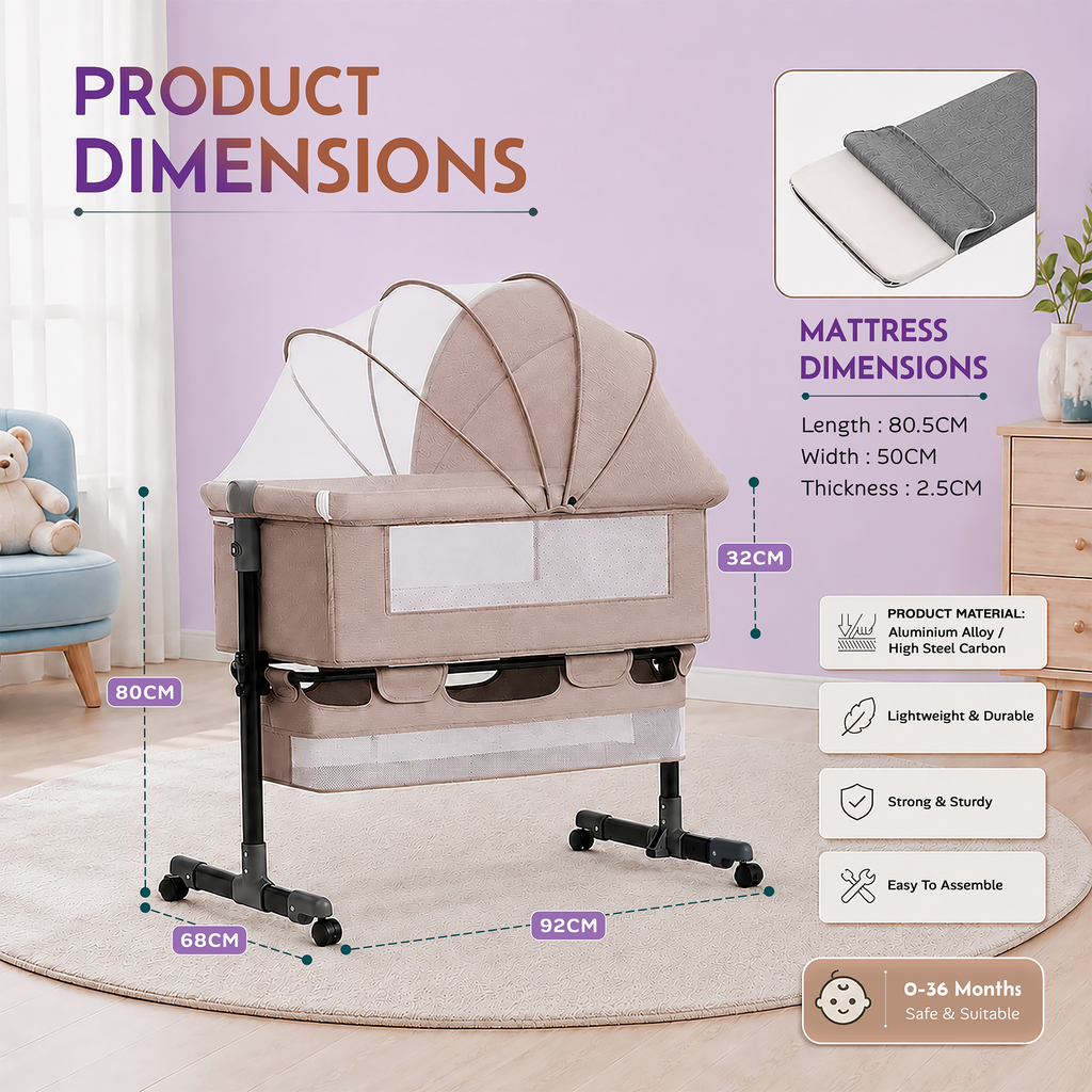 CareIt T-Shape Base Baby Cot & Bedside Bassinet with Memory Foam Mattress –  (Beige)