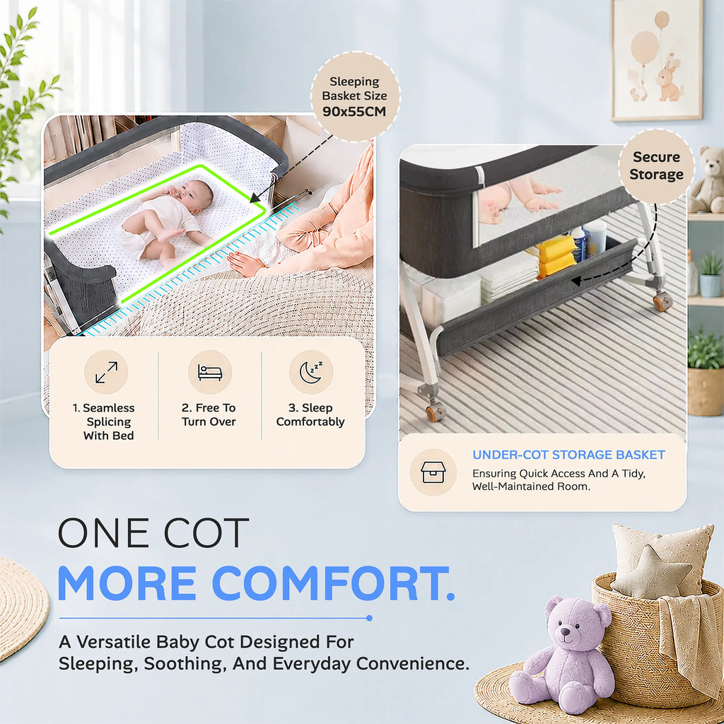 CareIt 3-in-1 Premium Foldable Baby Cot & Bedside Bassinet (Dark Grey)
