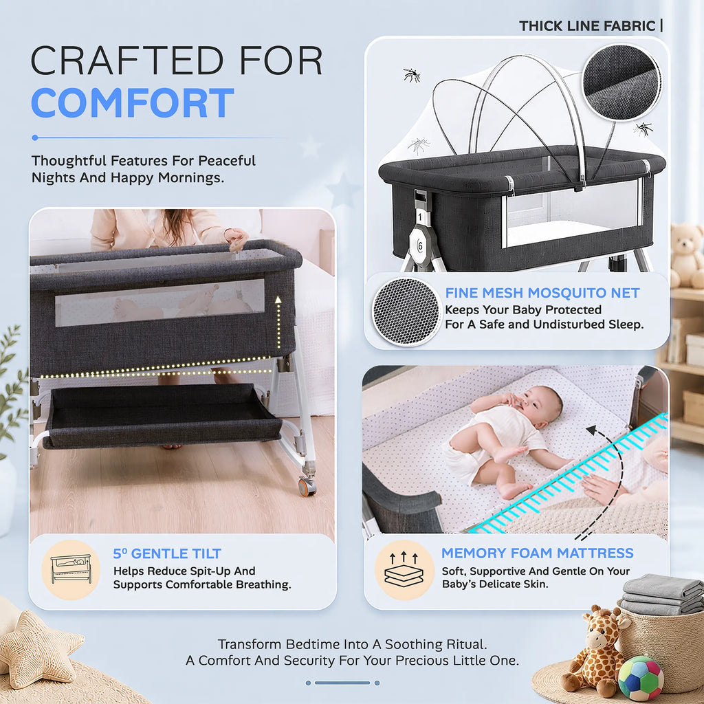 CareIt 3-in-1 Premium Foldable Baby Cot & Bedside Bassinet (Dark Grey)