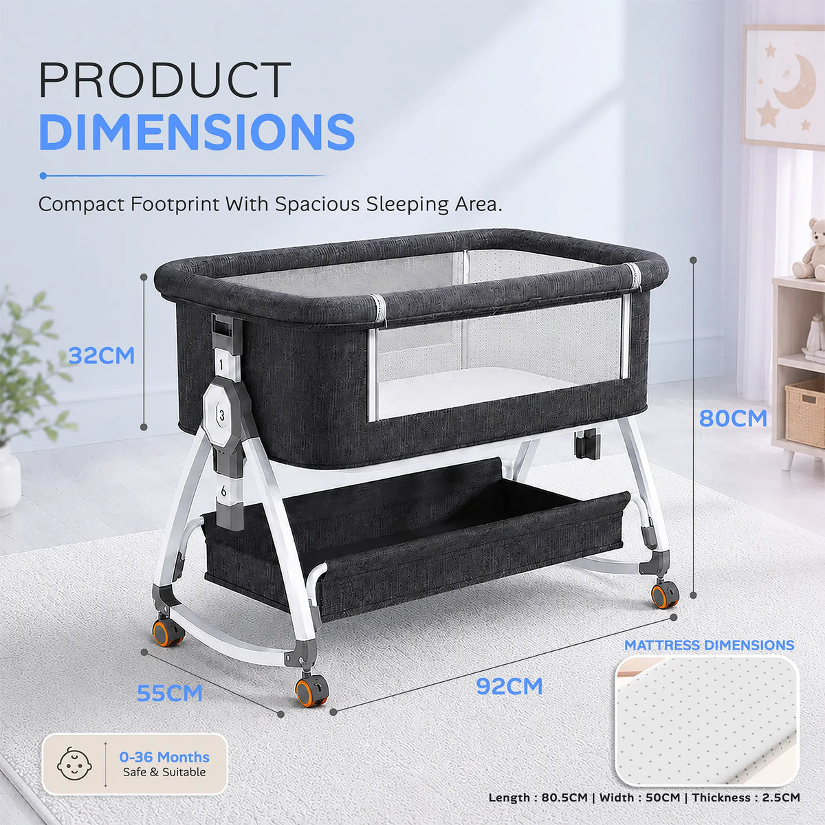 CareIt 3-in-1 Premium Foldable Baby Cot & Bedside Bassinet (Dark Grey)