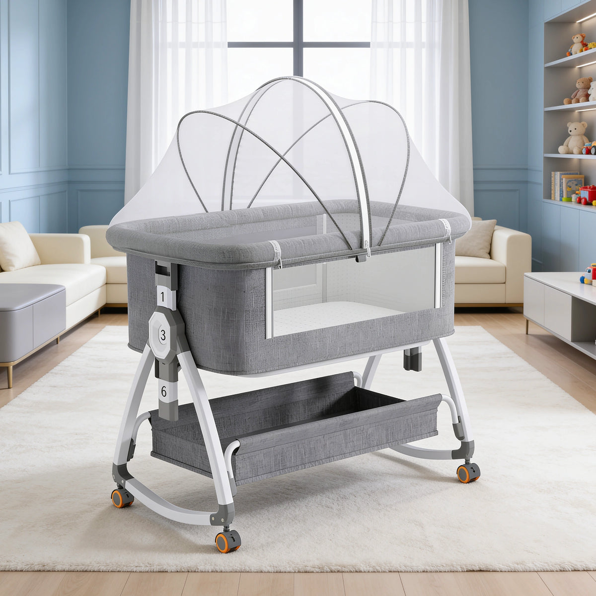 CareIt 3-in-1 Premium Foldable Baby Cot & Bedside Bassinet (Grey)