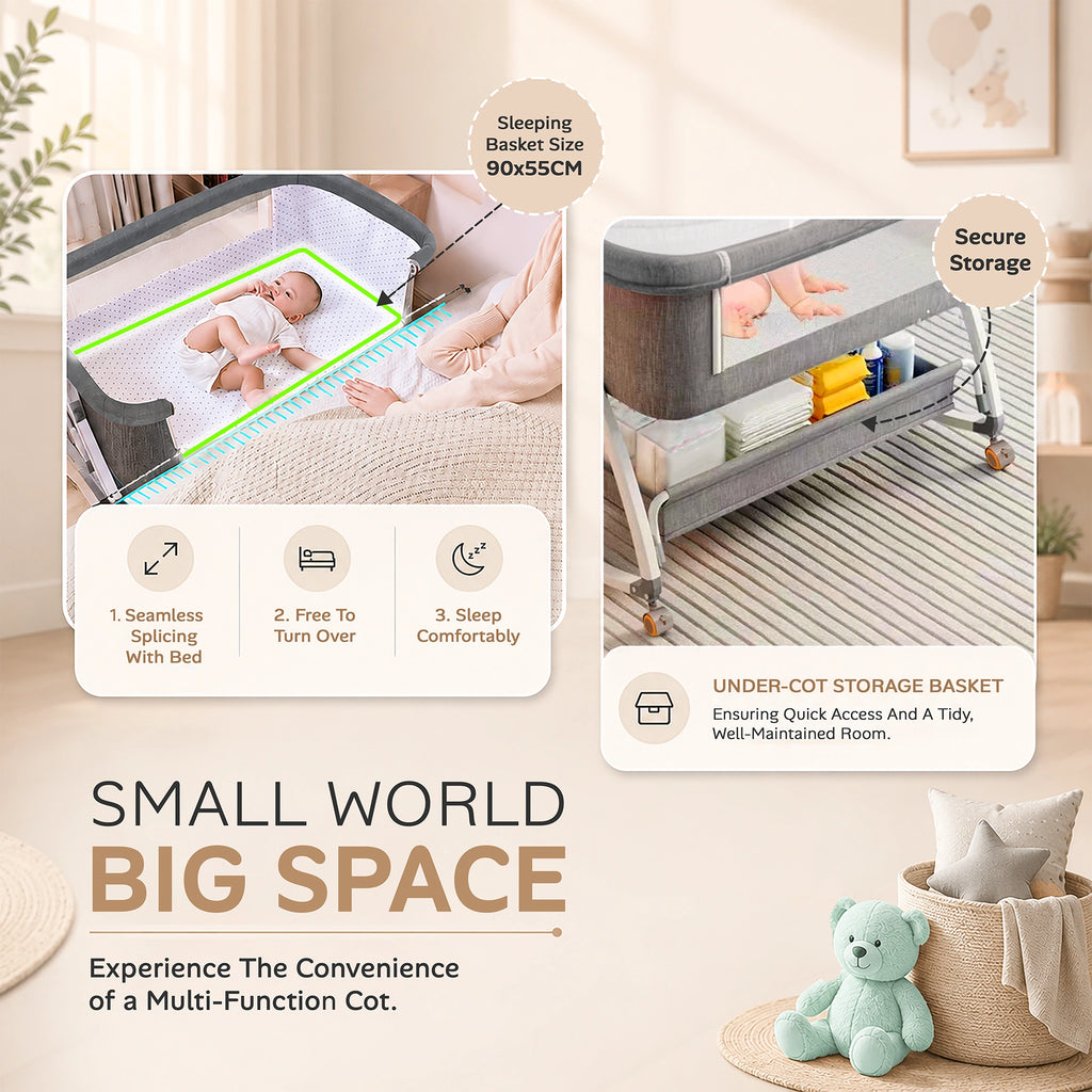 CareIt 3-in-1 Premium Foldable Baby Cot & Bedside Bassinet (Grey)