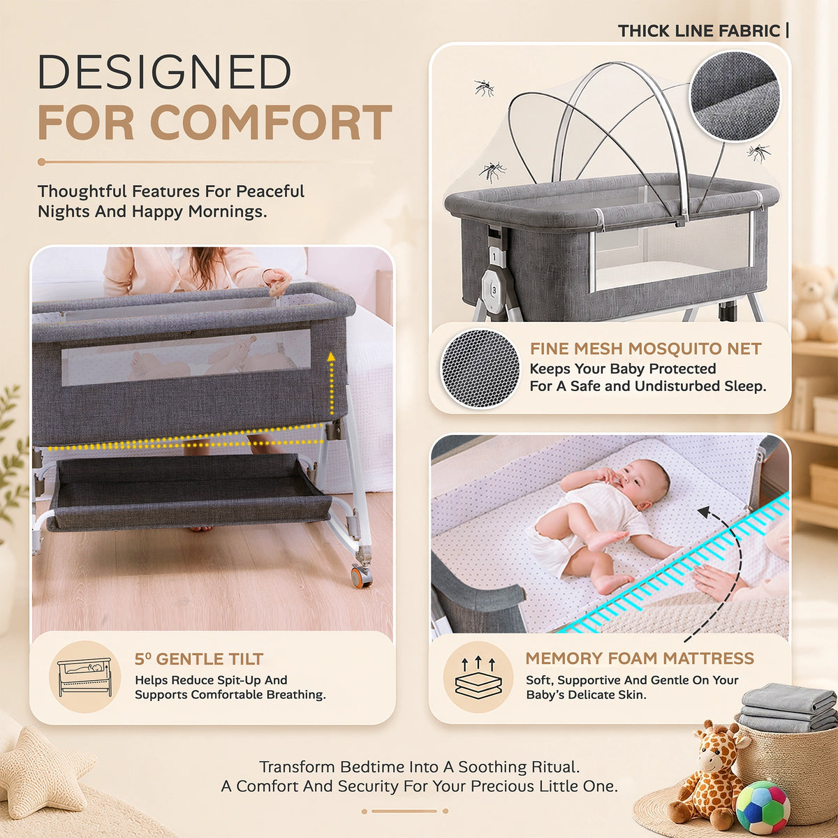 CareIt 3-in-1 Premium Foldable Baby Cot & Bedside Bassinet (Grey)