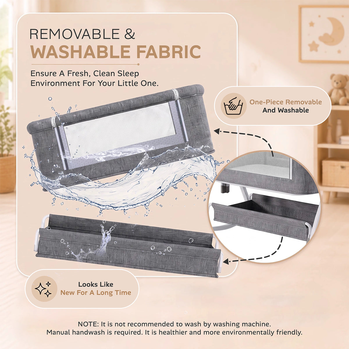 CareIt 3-in-1 Premium Foldable Baby Cot & Bedside Bassinet (Grey)