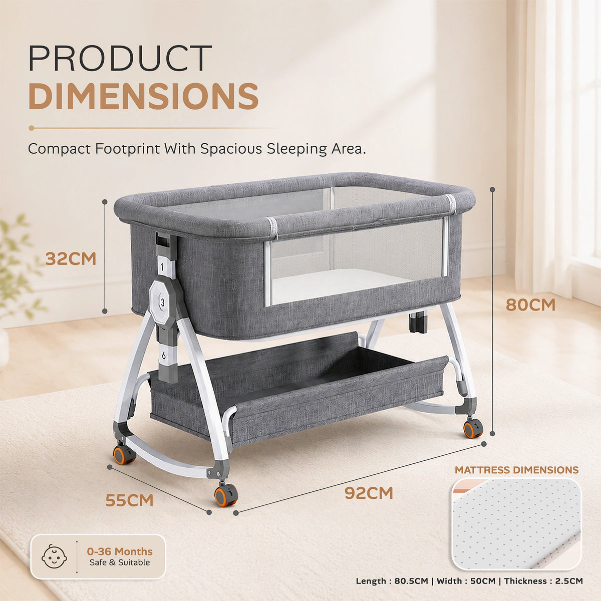 CareIt 3-in-1 Premium Foldable Baby Cot & Bedside Bassinet (Grey)