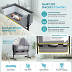 CareIt T-Shape Baby Cot & Bedside Bassinet with Memory Foam Mattress (Grey)