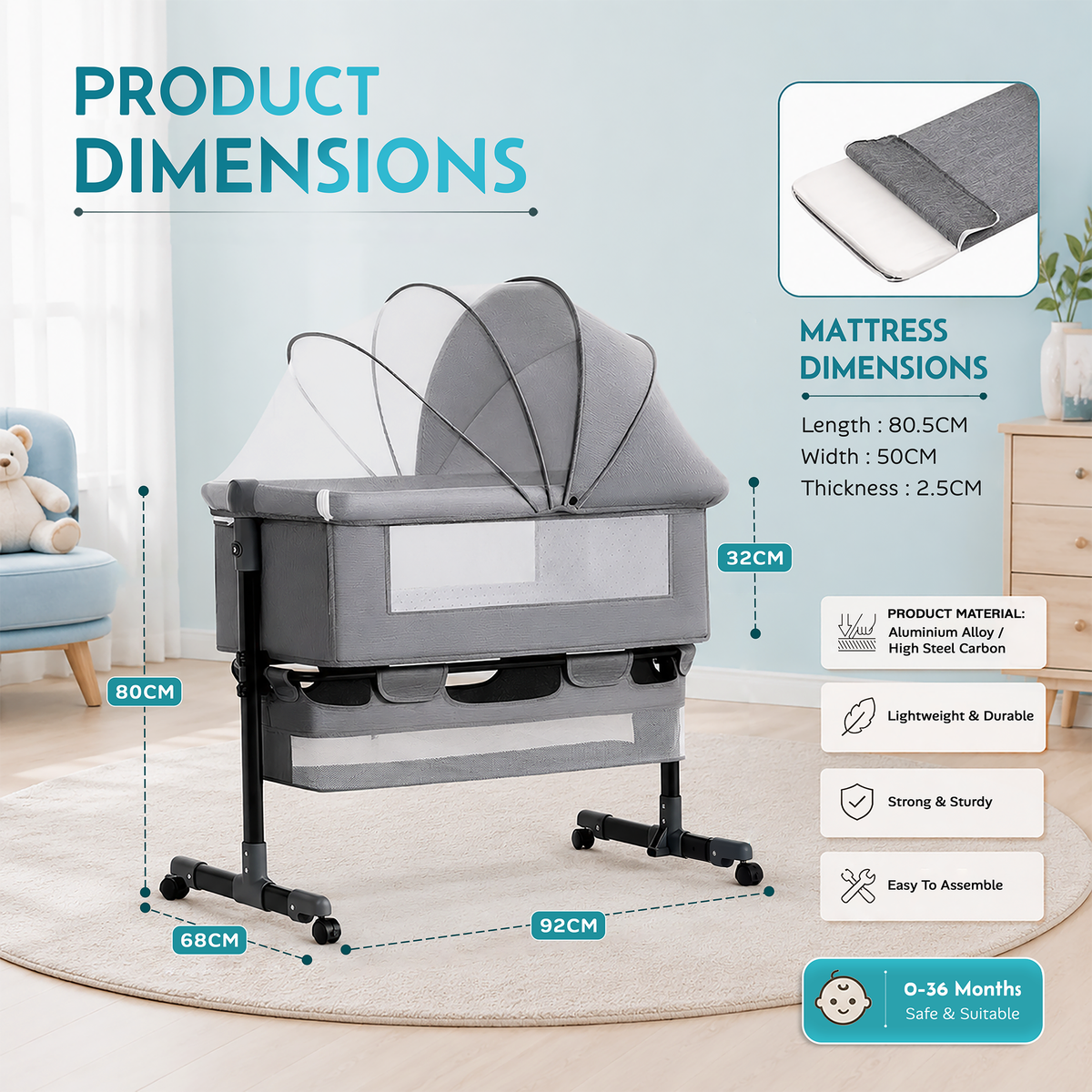 CareIt T-Shape Baby Cot & Bedside Bassinet with Memory Foam Mattress (Grey)