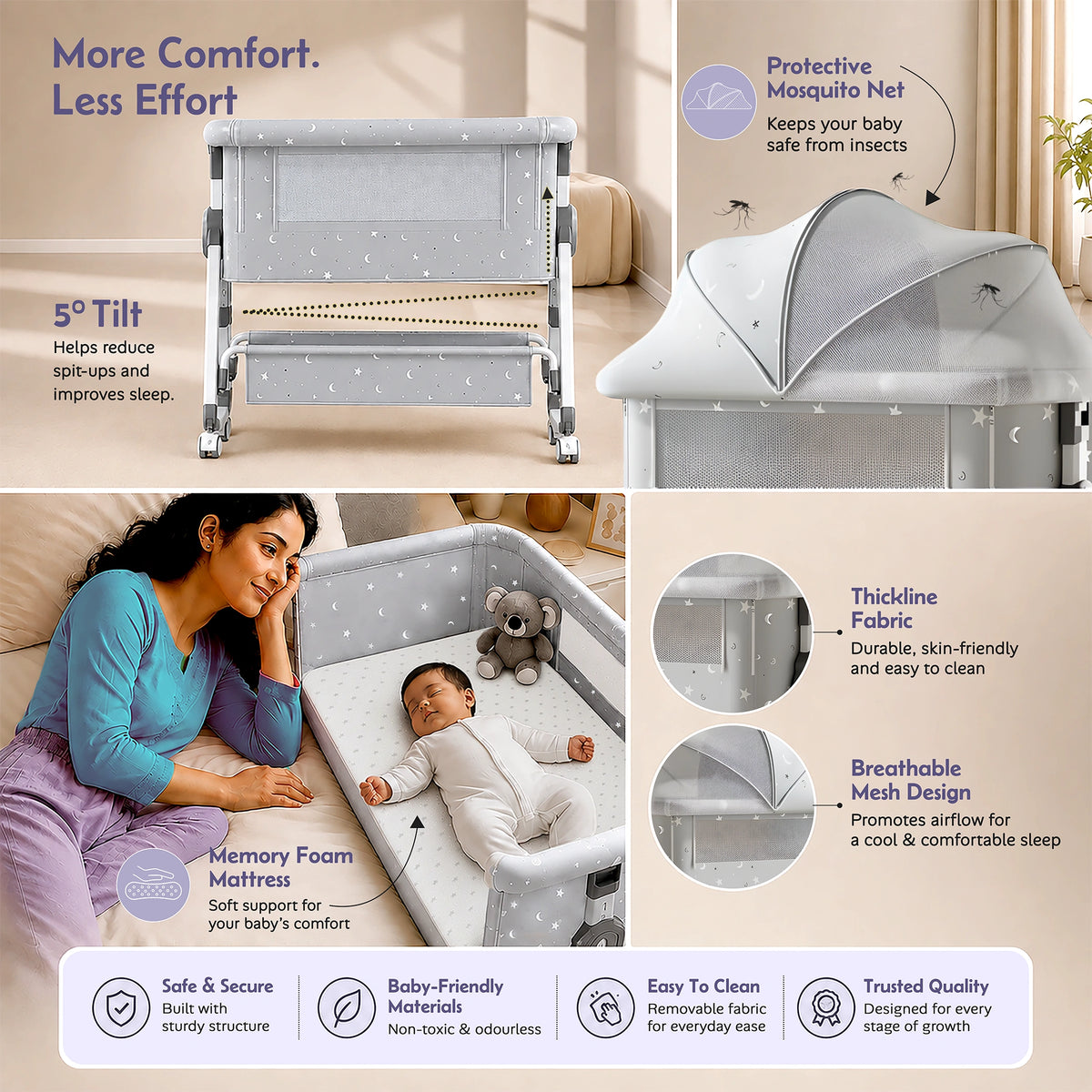 CAREIT Baby Bedside Crib/Cot with Mosquito Net, Adjustable Height, Rocking & Folding Cradle | Grey Moon & Star