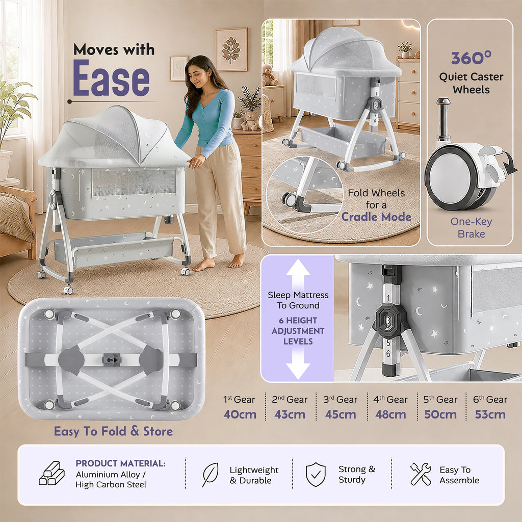 CAREIT Baby Bedside Crib/Cot with Mosquito Net, Adjustable Height, Rocking & Folding Cradle | Grey Moon & Star