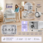 CAREIT Baby Bedside Crib/Cot with Mosquito Net, Adjustable Height, Rocking & Folding Cradle | Grey Moon & Star