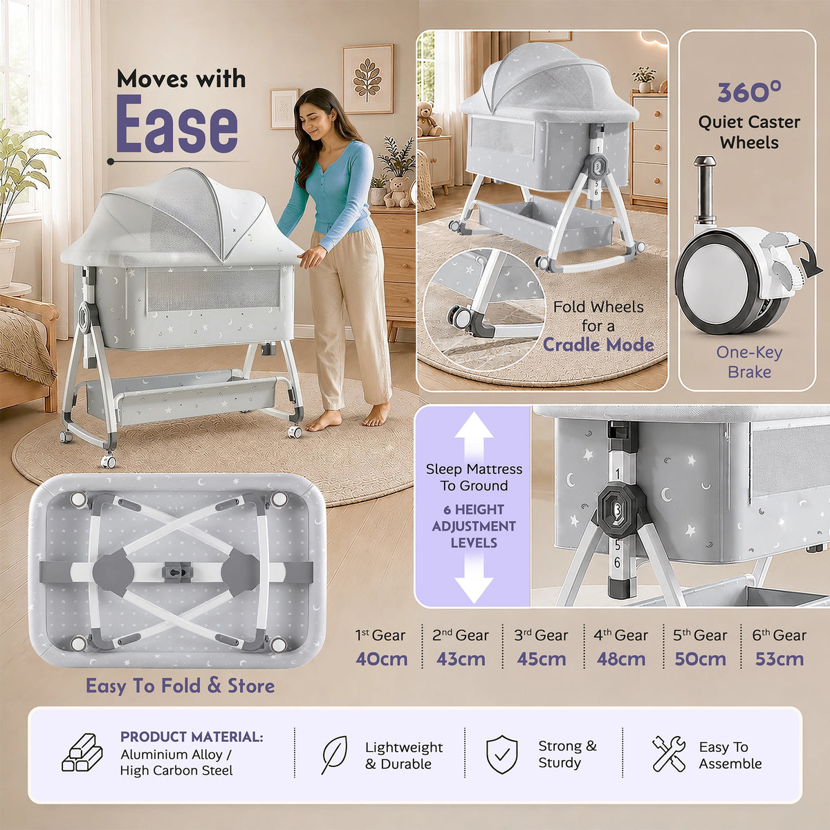 CAREIT Baby Bedside Crib/Cot with Mosquito Net, Adjustable Height, Rocking & Folding Cradle | Grey Moon & Star