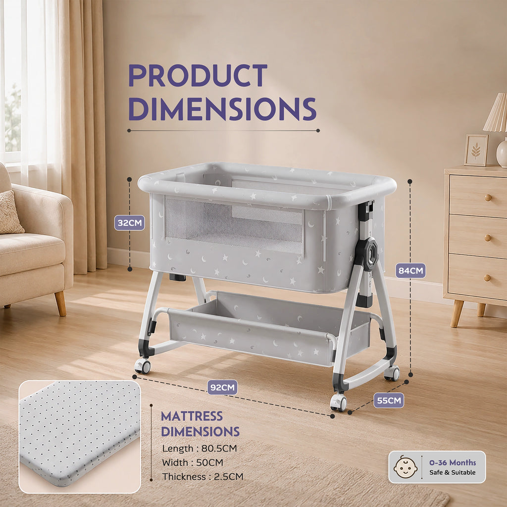 CAREIT Baby Bedside Crib/Cot with Mosquito Net, Adjustable Height, Rocking & Folding Cradle | Grey Moon & Star