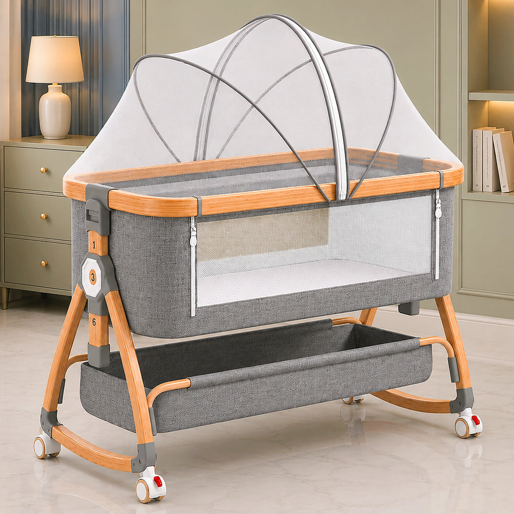 Careit 4-in-1 Wooden Finish Baby Bassinet Bedside Sleeper – Convertible Rocking Crib with Memory Foam Mattress, Mosquito Net and Storage Basket (Grey)
