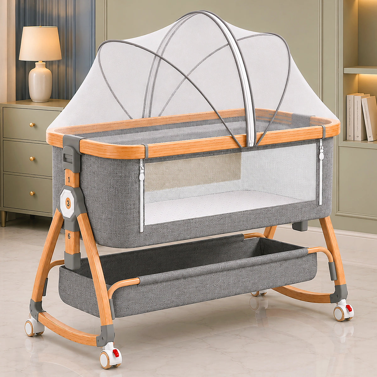 Careit 4-in-1 Wooden Finish Baby Bassinet Bedside Sleeper – Convertible Rocking Crib with Memory Foam Mattress, Mosquito Net and Storage Basket (Grey)