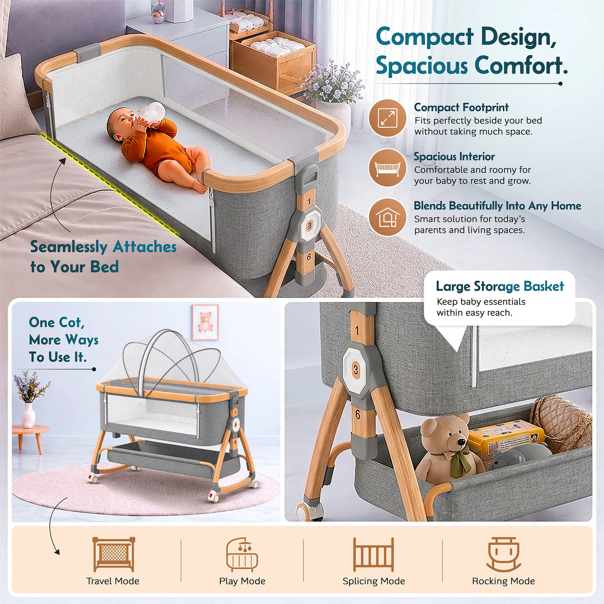 Careit 4-in-1 Wooden Finish Baby Bassinet Bedside Sleeper – Convertible Rocking Crib with Memory Foam Mattress, Mosquito Net and Storage Basket (Grey)