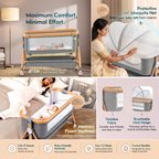 Careit 4-in-1 Wooden Finish Baby Bassinet Bedside Sleeper – Convertible Rocking Crib with Memory Foam Mattress, Mosquito Net and Storage Basket (Grey)