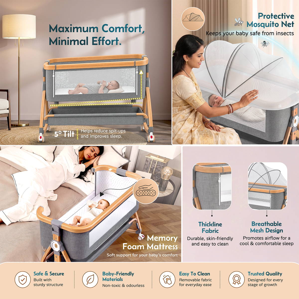 Careit 4-in-1 Wooden Finish Baby Bassinet Bedside Sleeper – Convertible Rocking Crib with Memory Foam Mattress, Mosquito Net and Storage Basket (Grey)