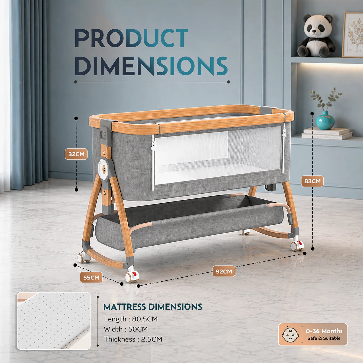 Careit 4-in-1 Wooden Finish Baby Bassinet Bedside Sleeper – Convertible Rocking Crib with Memory Foam Mattress, Mosquito Net and Storage Basket (Grey)