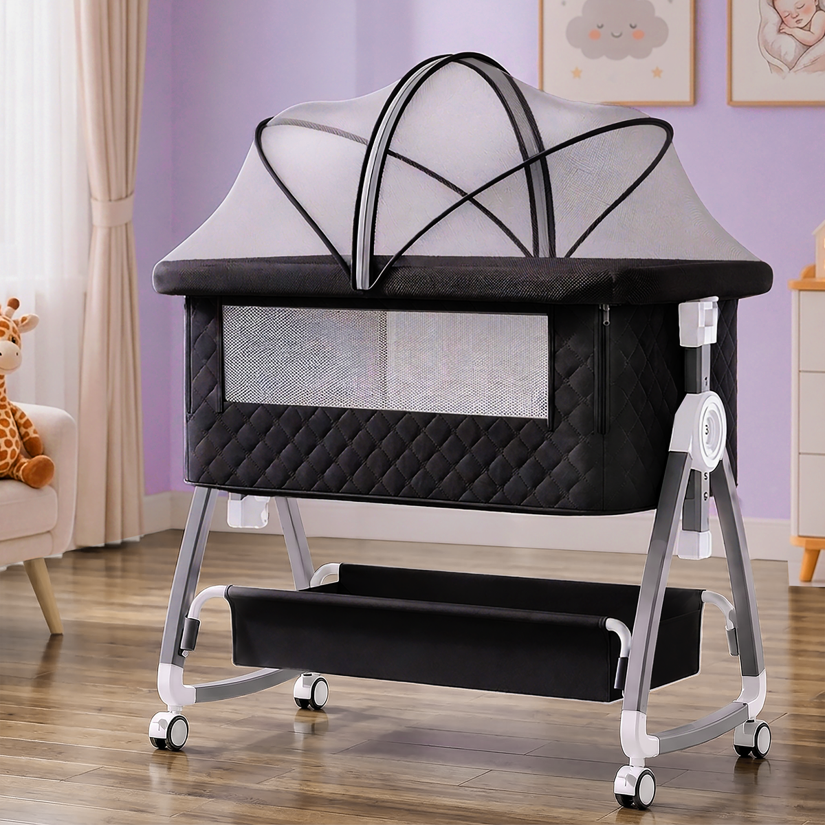 CareIt Premium Foldable Baby Cot & Bedside Bassinet with Memory Foam Mattress - Diamond pattern (Black)