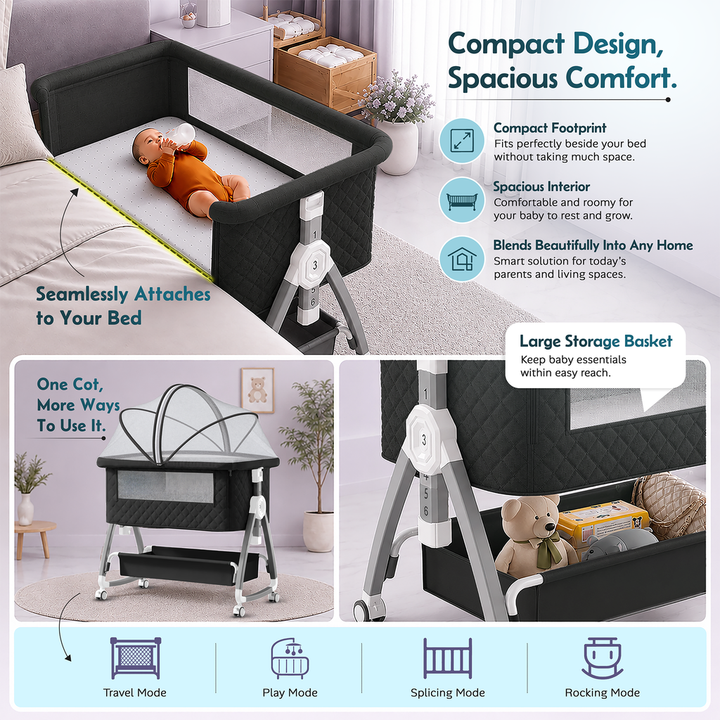 CareIt Premium Foldable Baby Cot & Bedside Bassinet with Memory Foam Mattress - Diamond pattern (Black)