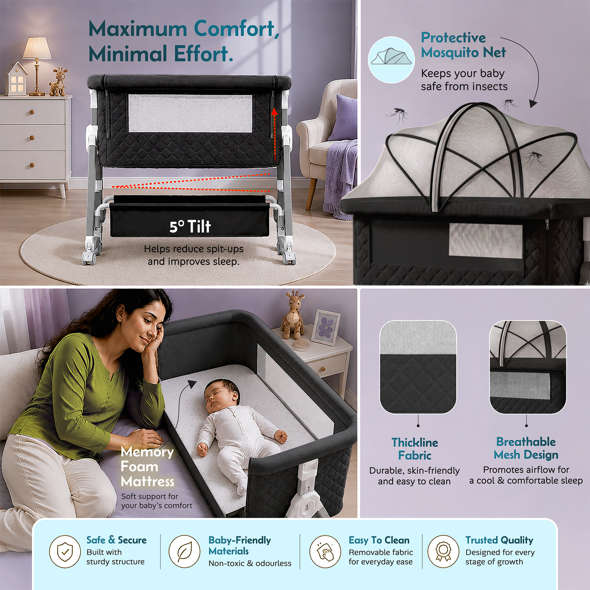 CareIt Premium Foldable Baby Cot & Bedside Bassinet with Memory Foam Mattress - Diamond pattern (Black)