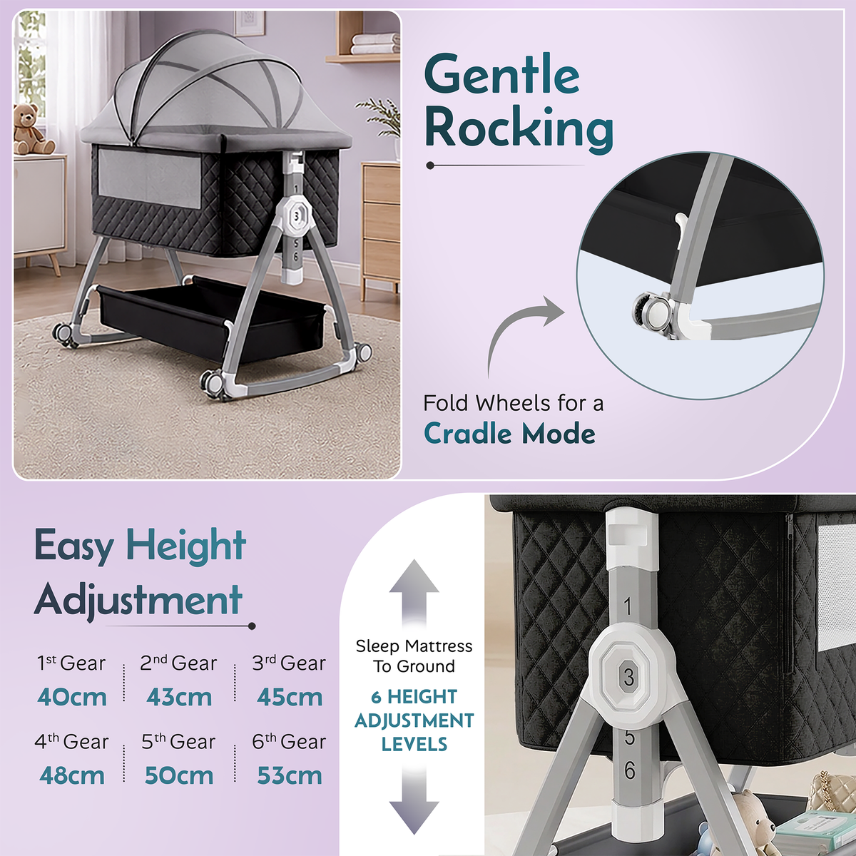 CareIt Premium Foldable Baby Cot & Bedside Bassinet with Memory Foam Mattress - Diamond pattern (Black)