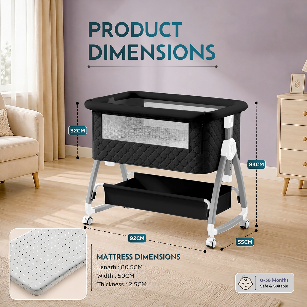CareIt Premium Foldable Baby Cot & Bedside Bassinet with Memory Foam Mattress - Diamond pattern (Black)