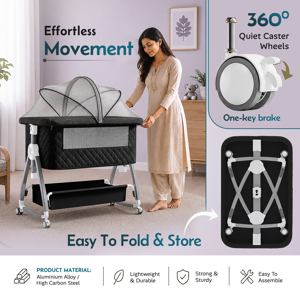 CareIt Premium Foldable Baby Cot & Bedside Bassinet with Memory Foam Mattress - Diamond pattern (Black)
