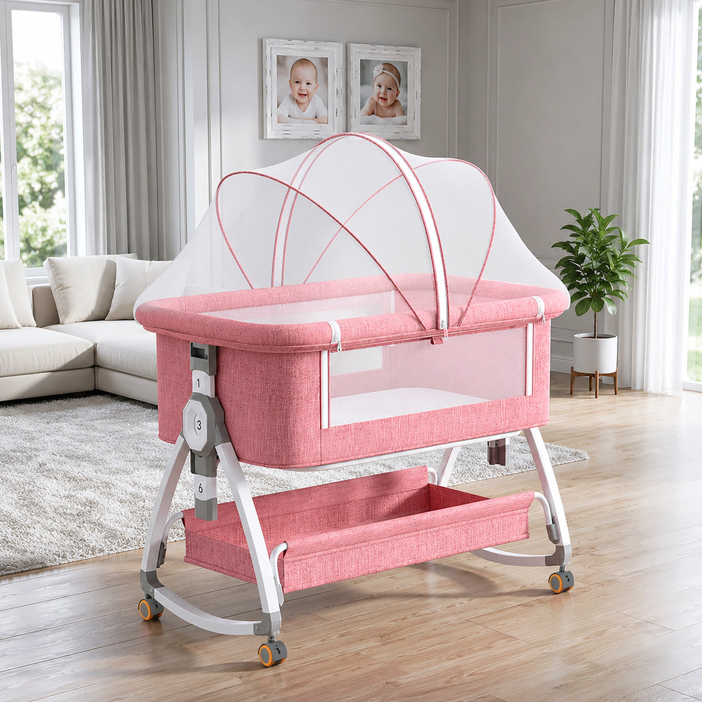 CareIt Multi-Functional Foldable Baby Cot & Bedside Bassinet with Memory Foam Mattress (Pink)