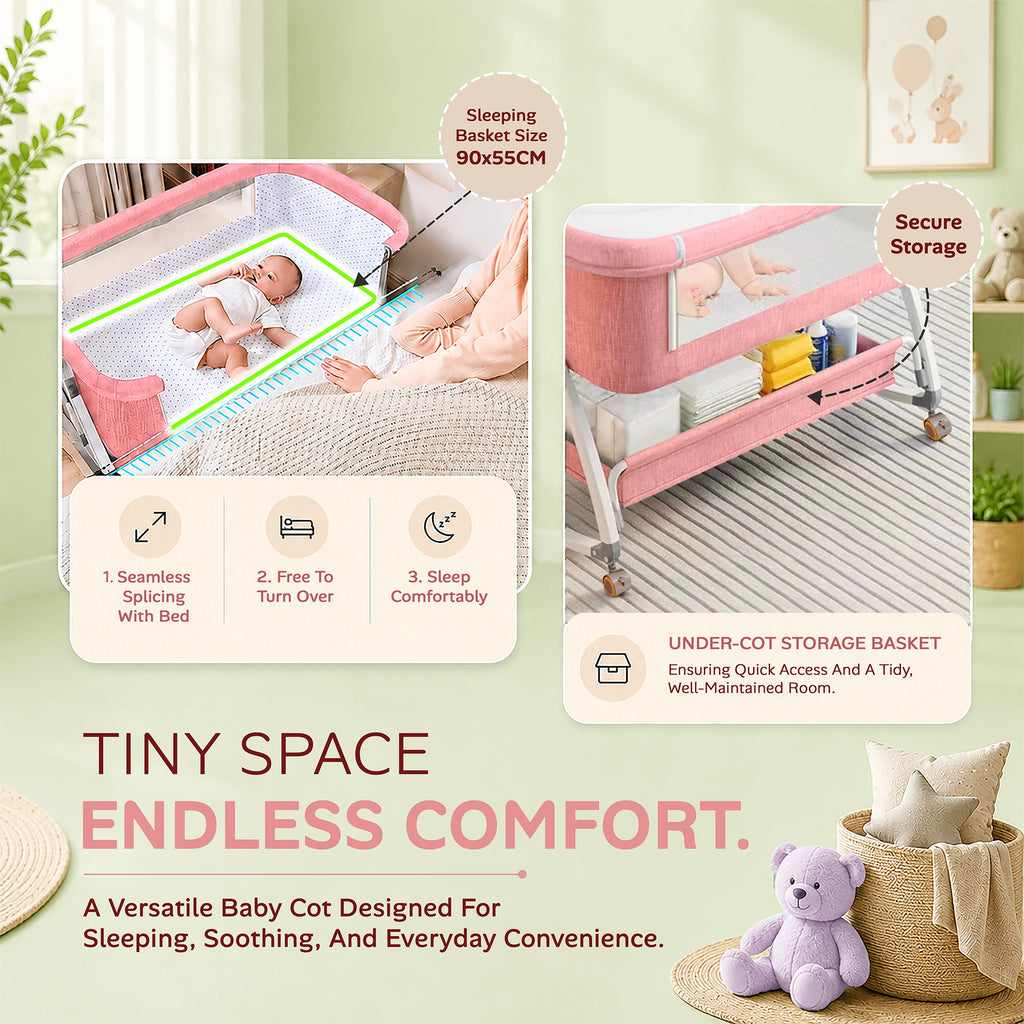 CareIt Multi-Functional Foldable Baby Cot & Bedside Bassinet with Memory Foam Mattress (Pink)