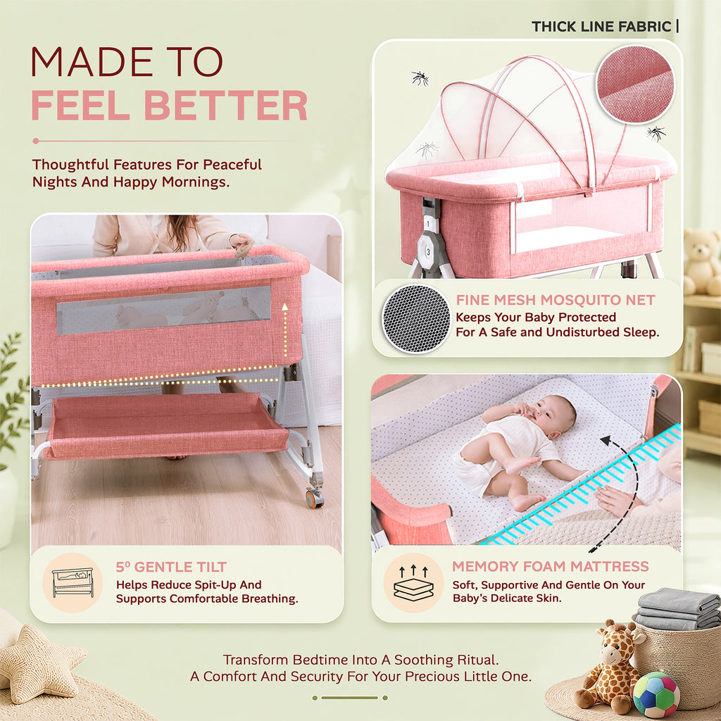 CareIt Multi-Functional Foldable Baby Cot & Bedside Bassinet with Memory Foam Mattress (Pink)