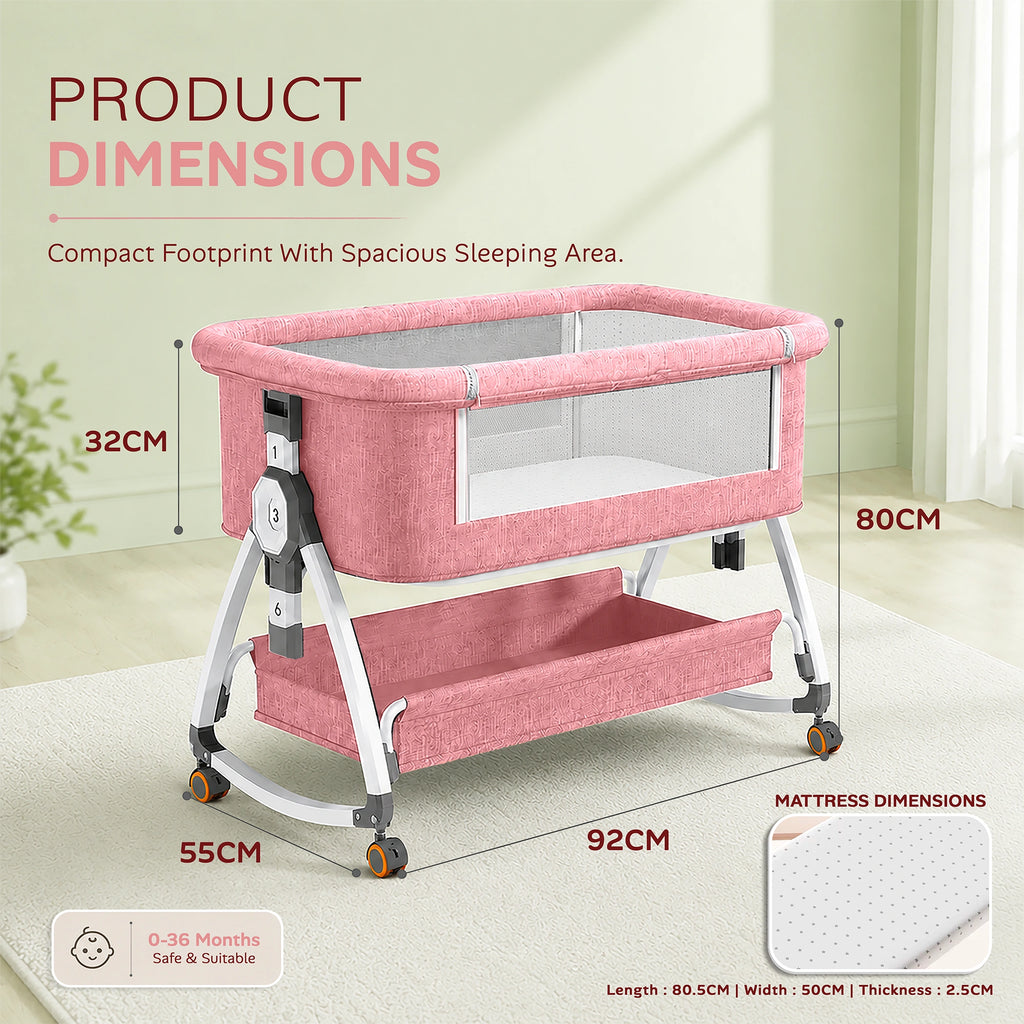 CareIt Multi-Functional Foldable Baby Cot & Bedside Bassinet with Memory Foam Mattress (Pink)