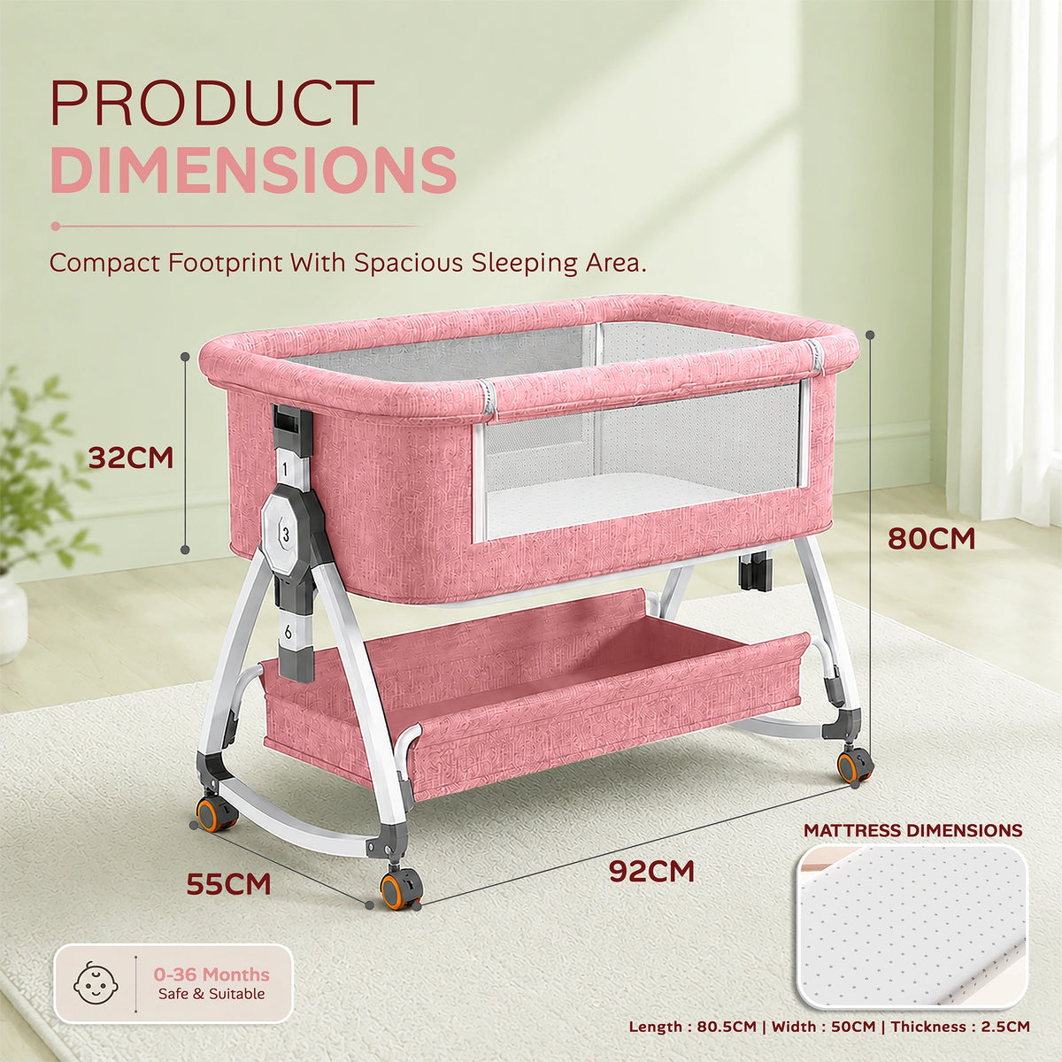 CareIt Multi-Functional Foldable Baby Cot & Bedside Bassinet with Memory Foam Mattress (Pink)