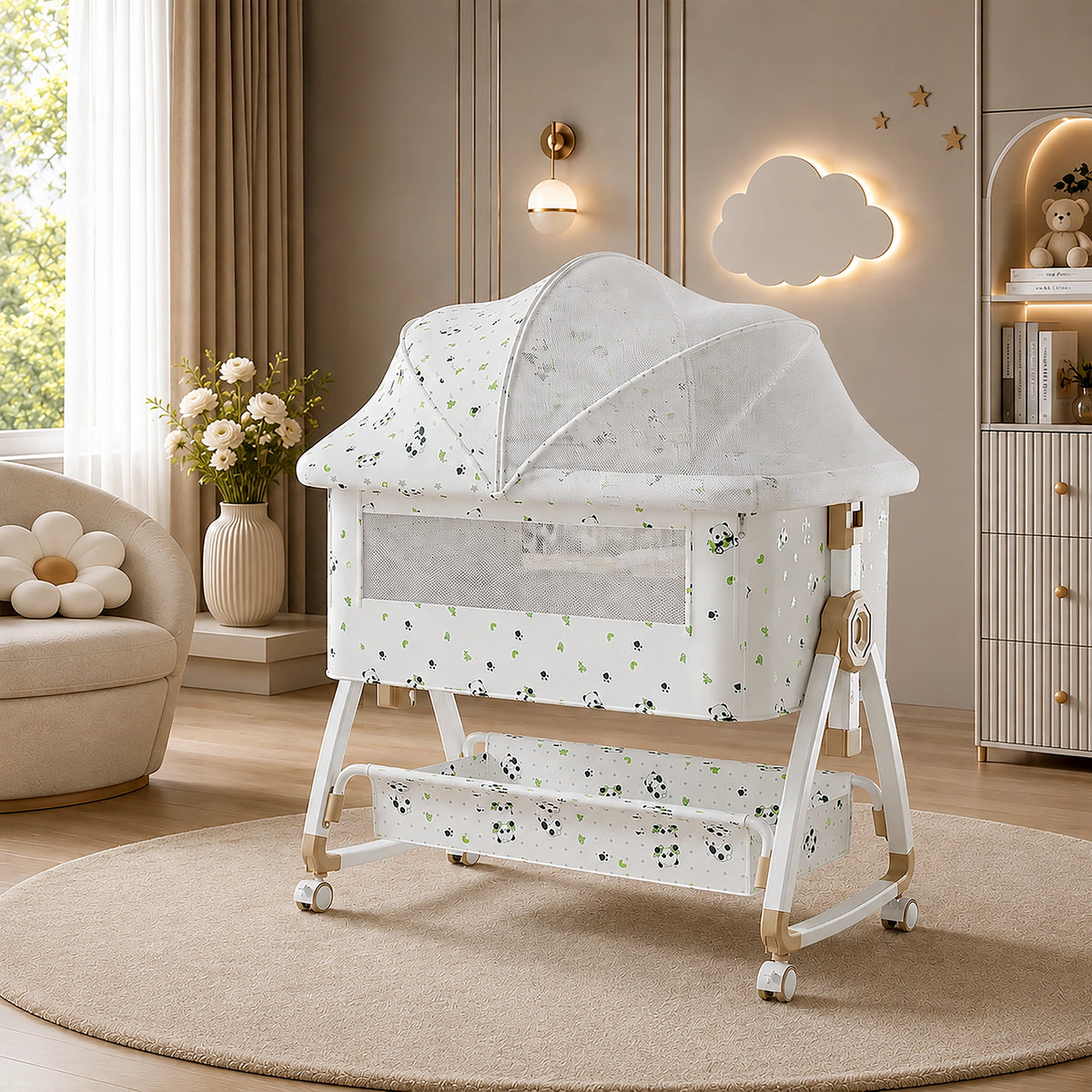 CareIt Multi-Functional Foldable Baby Cot & Bedside Bassinet with Memory Foam Mattress – Panda Print (White)