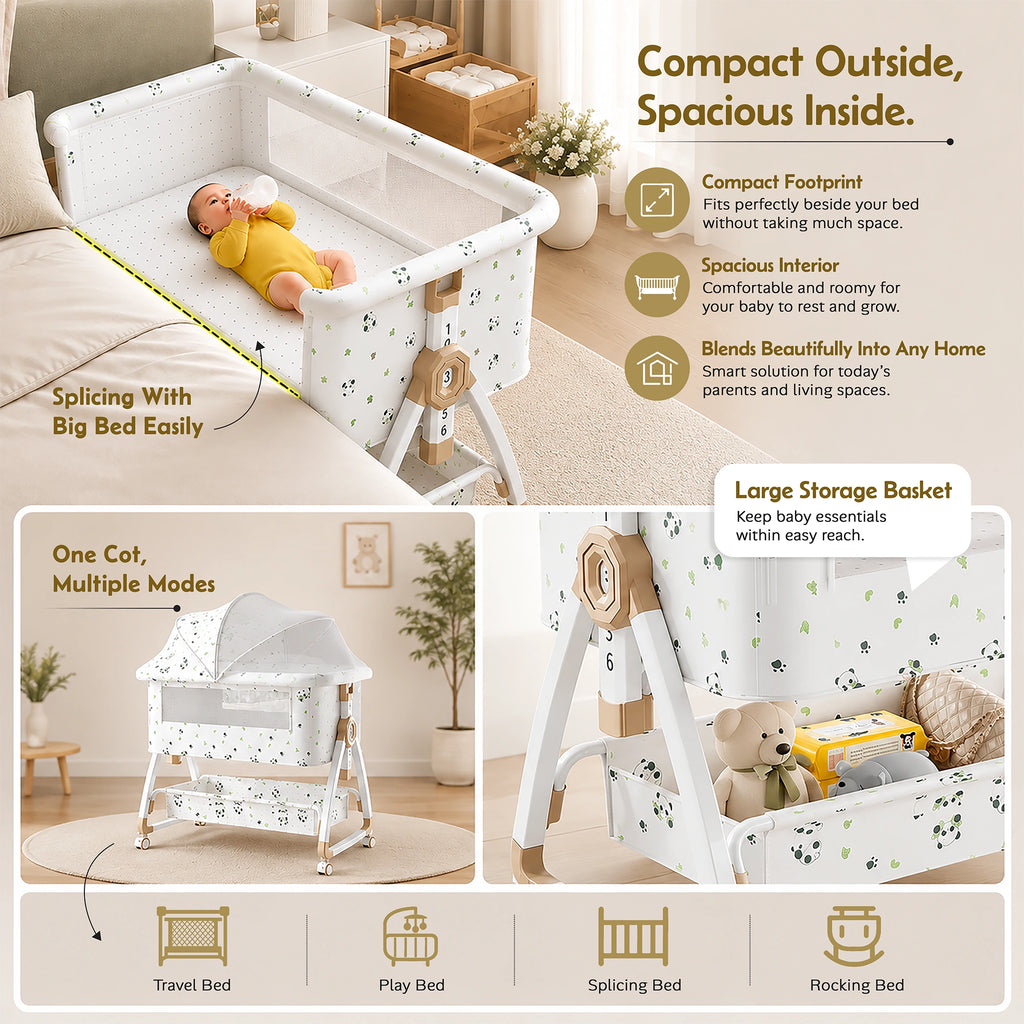 CareIt Multi-Functional Foldable Baby Cot & Bedside Bassinet with Memory Foam Mattress – Panda Print (White)