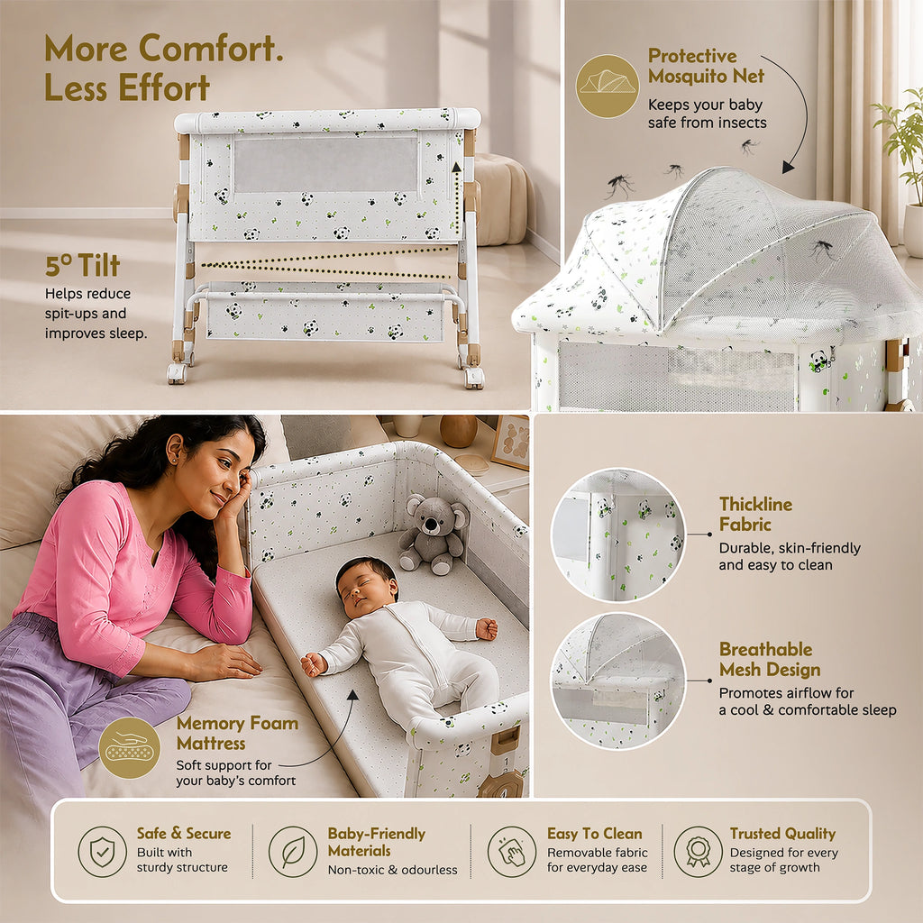 CareIt Multi-Functional Foldable Baby Cot & Bedside Bassinet with Memory Foam Mattress – Panda Print (White)