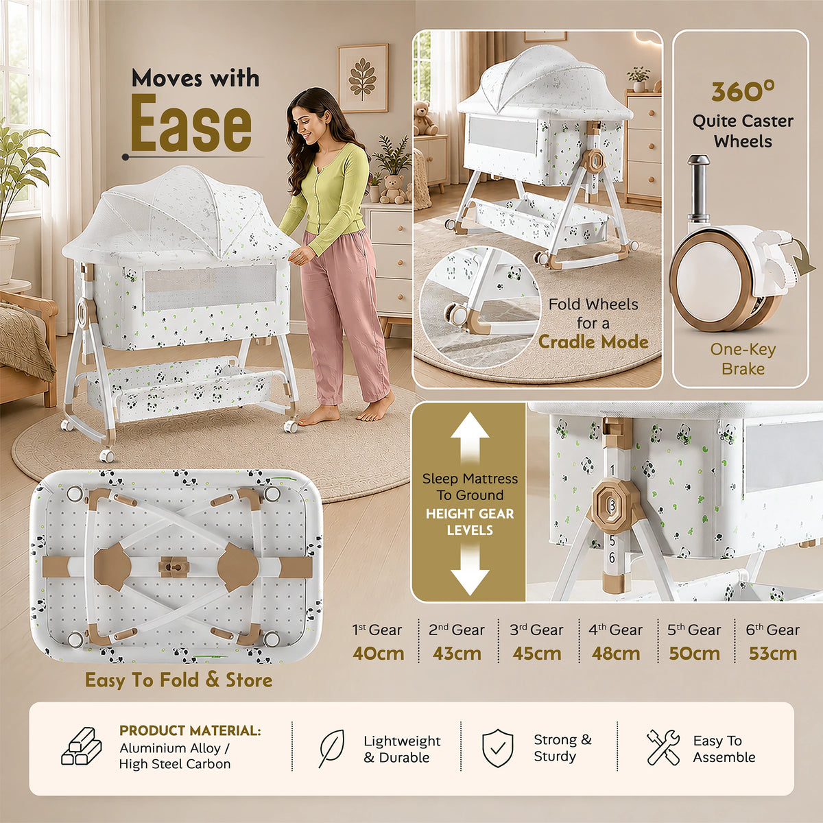 CareIt Multi-Functional Foldable Baby Cot & Bedside Bassinet with Memory Foam Mattress – Panda Print (White)