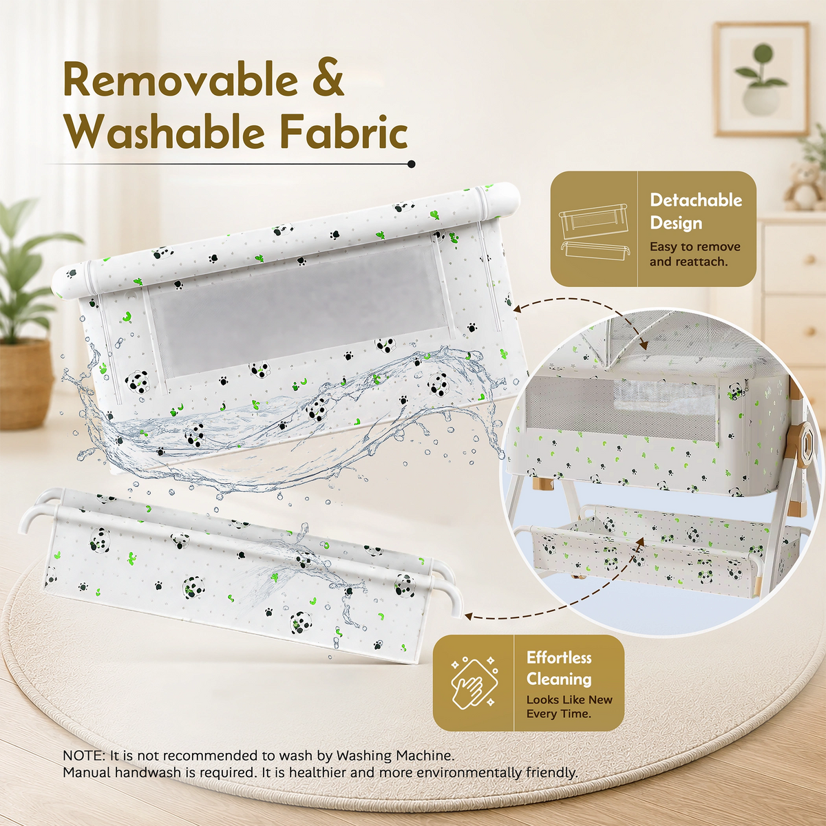 CareIt Multi-Functional Foldable Baby Cot & Bedside Bassinet with Memory Foam Mattress – Panda Print (White)