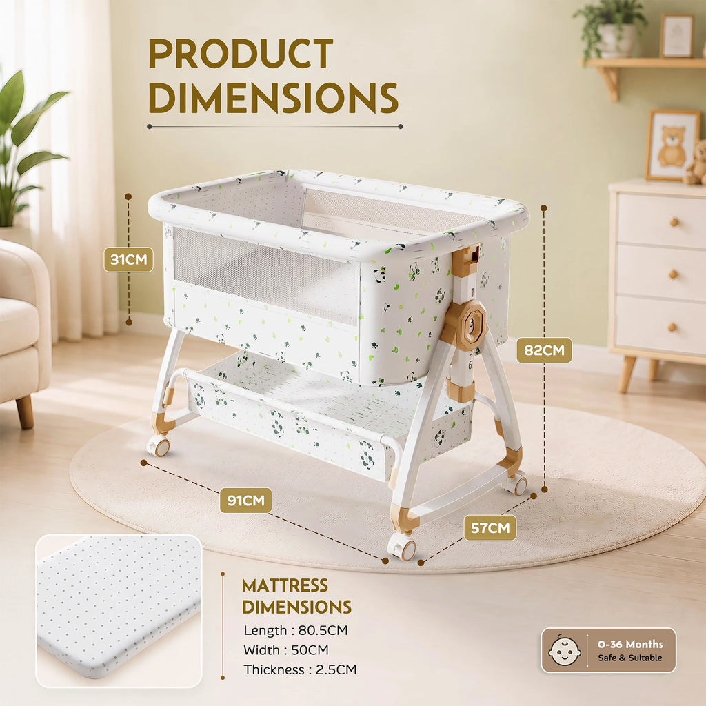 CareIt Multi-Functional Foldable Baby Cot & Bedside Bassinet with Memory Foam Mattress – Panda Print (White)